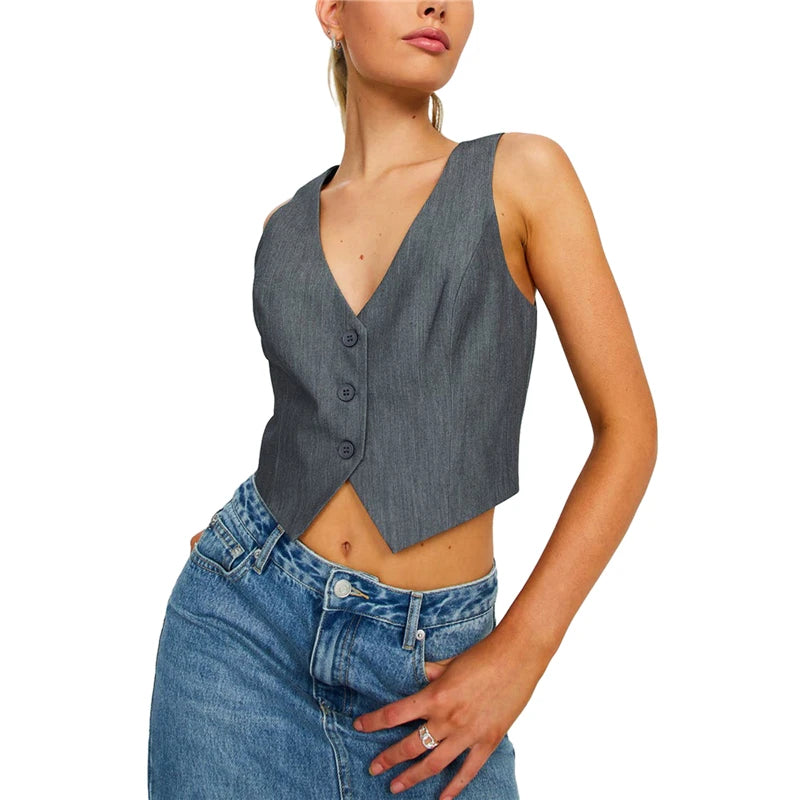 Waistcoat Vest Women Y2K Clothes Solid Color Slim Fit V Neck Sleeveless Button down Crop Tops Elegant Outwear Gilet
