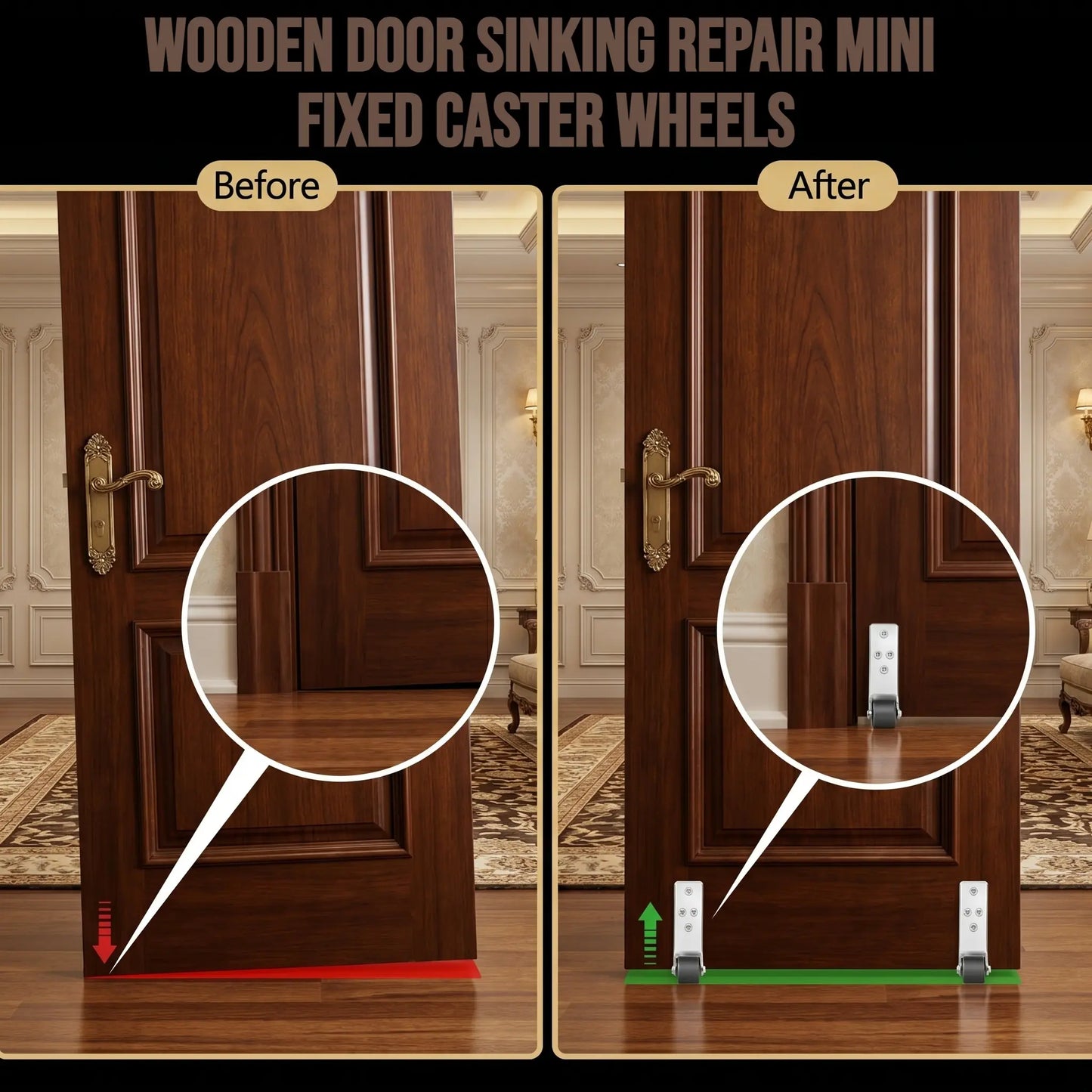 2 Pcs Multifunctional 0.9" Low Profile Fixed Casters, Small Wheels for Wooden Furniture & Bedroom Door Sinking Fix