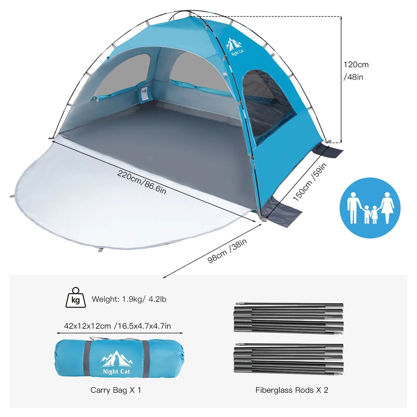 Night Cat Beach Tent - Windproof Portable Tent, 2-4 Person Camping Sun Shade Shelter with UPF 50+ UV Protection, 3 Mesh Windows, Breathable Panels, Extended Floor, Compact Pack, Roomy Fit, Easy Setup for Outdoor Summer Use