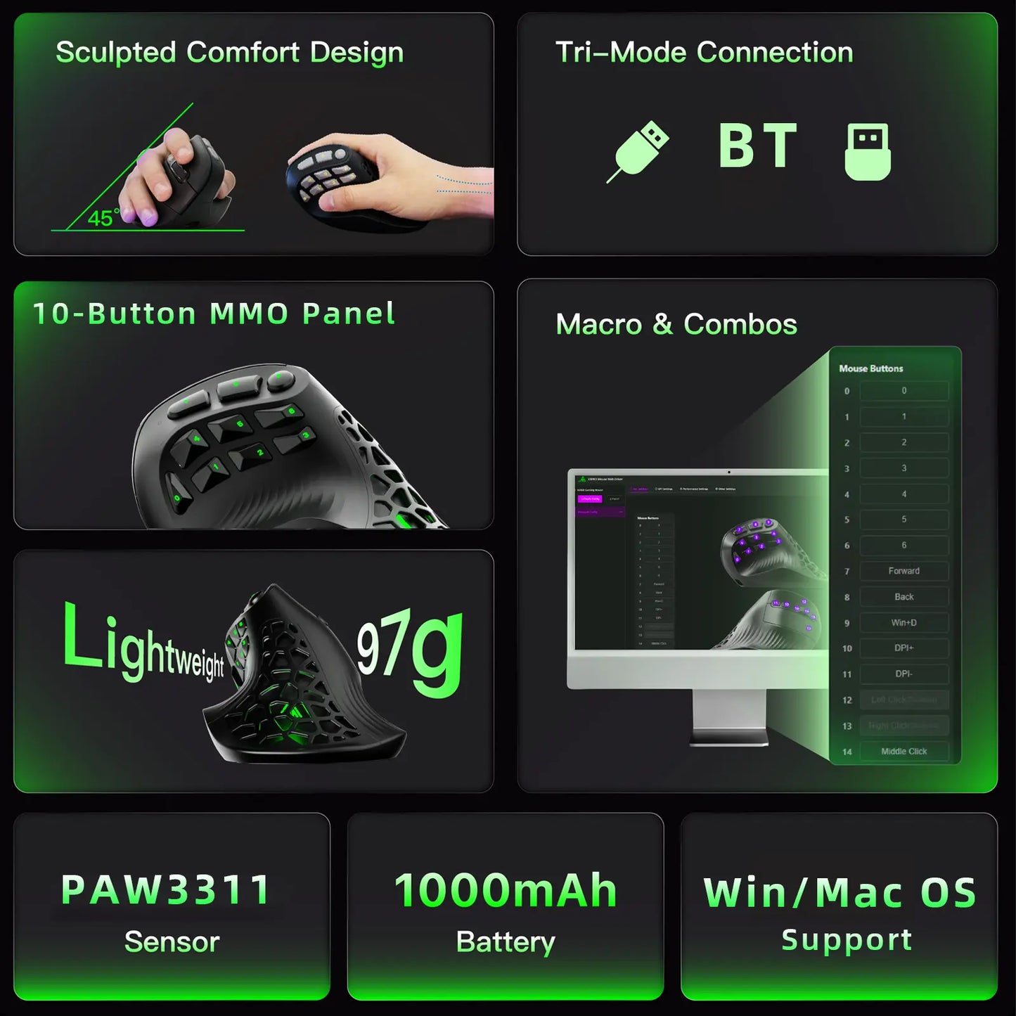 SOLAKAKA E9 Ergonomic Vertical MMO Gaming Mouse PAW3311 248000 DPI Tri-Mode Ergonomic Wireless with 10 Side Buttons PAW3311 RGB for PC Mac Ergonomic Budget Bluetooth Vertical Mouse Home Office Desk Accessory