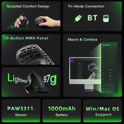 SOLAKAKA E9 Ergonomic Vertical MMO Gaming Mouse PAW3311 248000 DPI Tri-Mode Ergonomic Wireless with 10 Side Buttons PAW3311 RGB for PC Mac Ergonomic Budget Bluetooth Vertical Mouse Home Office Desk Accessory