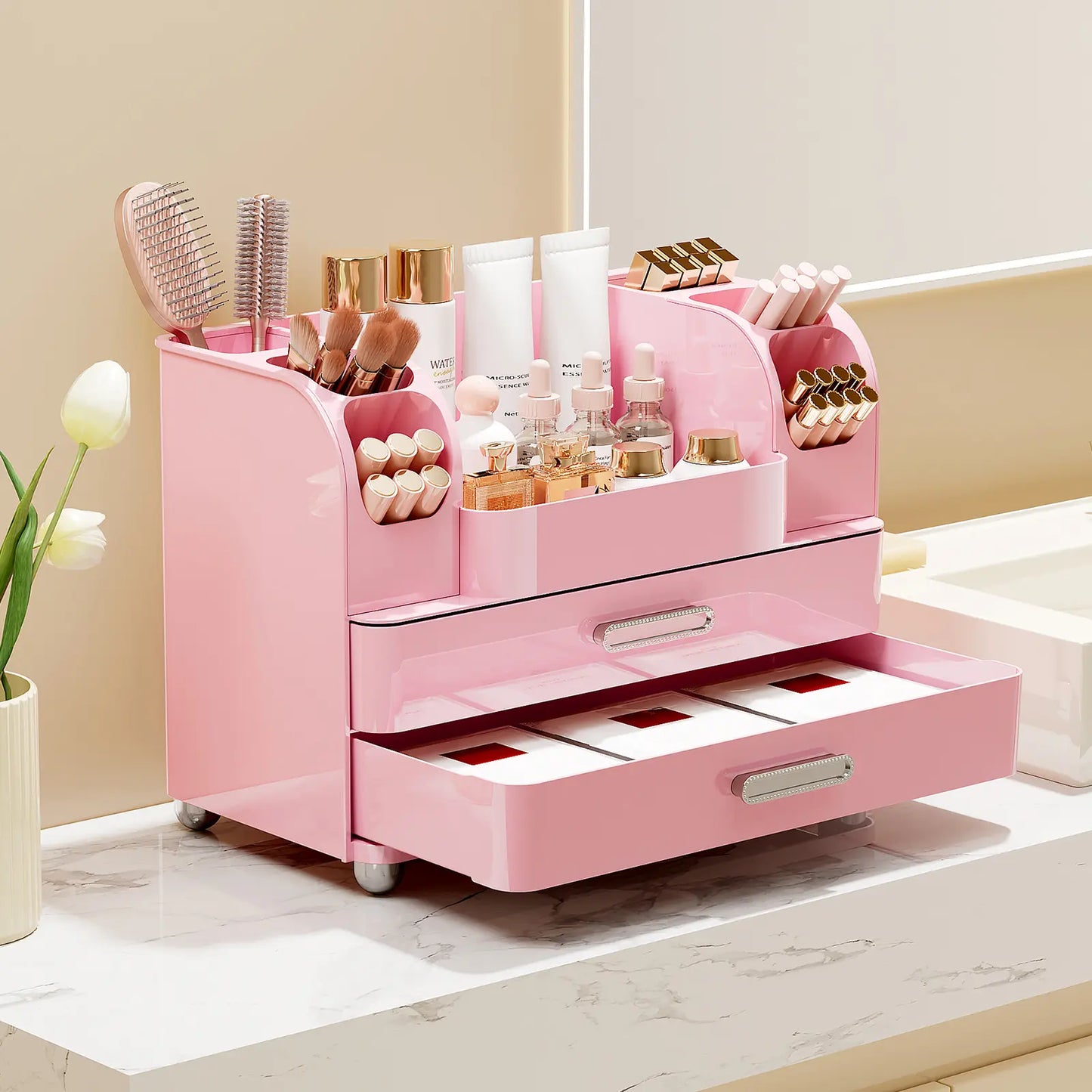 Makeup Organizer for Vanity with 2 Large Drawers, Cosmetic Display Case with Brush Holders, Easy to Storage for Bathroom Countertop Skincare, Desk Office Supplies