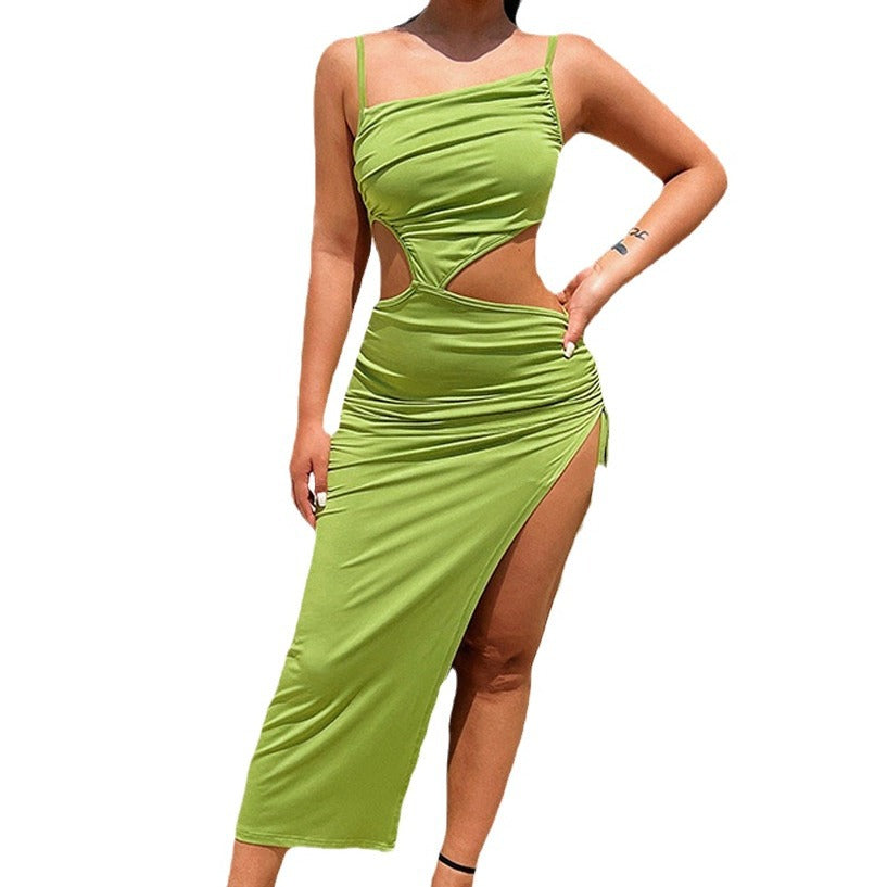 Women'S Elegant Pleated Shoulder Hollow Irregular Solid Color Dress